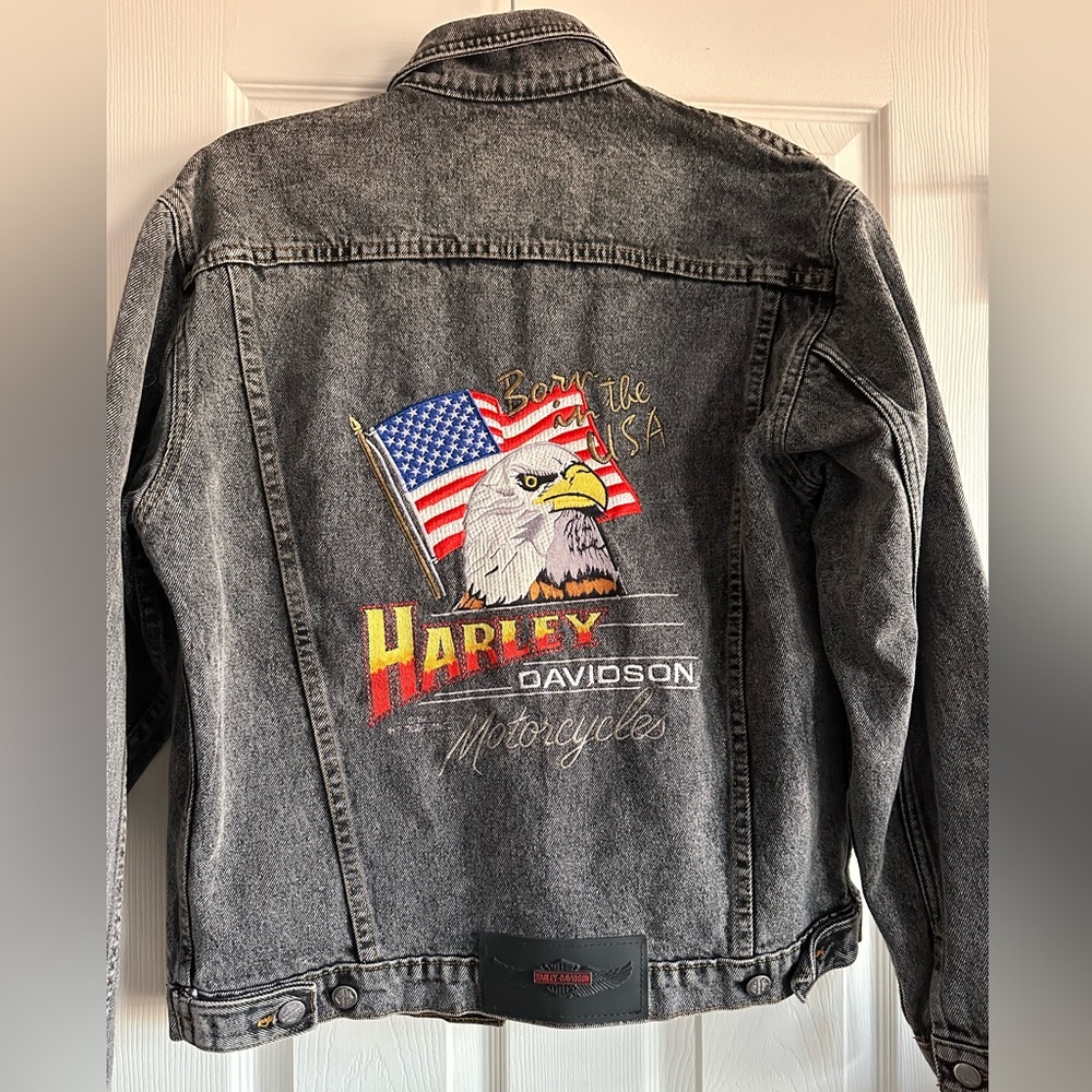 VTG Harley Davidson Acid Washed Black Jean Jacket - Size Small